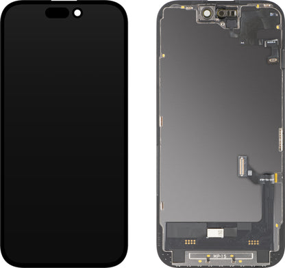Touchskärmsdisplay med närhetssensor MP kompatibel med Apple iPhone 15, med ram, OLED FHD diagnostisk mjukvaruversion, svart