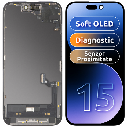 Touchskärmsdisplay med närhetssensor MP kompatibel med Apple iPhone 15, med ram, OLED FHD diagnostisk mjukvaruversion, svart