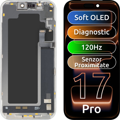 Touchskärmsdisplay med ljussensor MP kompatibel med Apple iPhone 17 Pro, med ram, mjukvaruversion OLED FHD 120Hz diagnostik, svart
