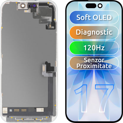 Touchskärm och närhetssensor MP kompatibel med Apple iPhone 17, med ram, mjukvaruversion OLED FHD 120Hz diagnostik, svart