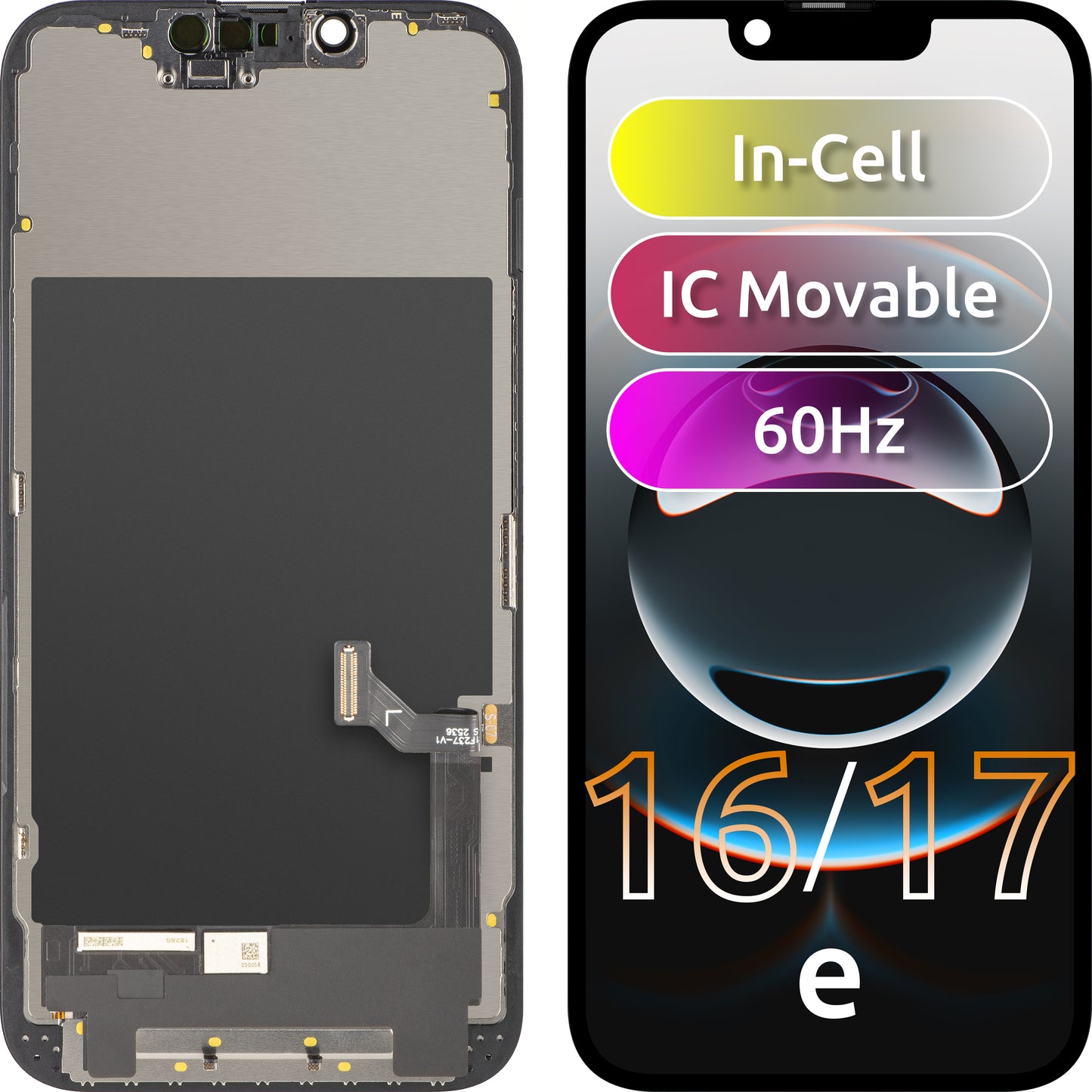 ZY Touchscreen-display för Apple iPhone 17e / 16e, med ram, LCD In-Cell IC flyttbar version, svart