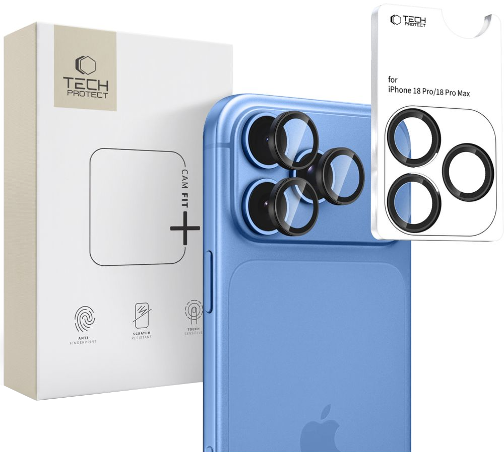 Skyddande kameralinsfilm Tech-Protect CamRing Fit+ för Apple iPhone 18 Pro / 18 Pro Max, härdat glas, svart