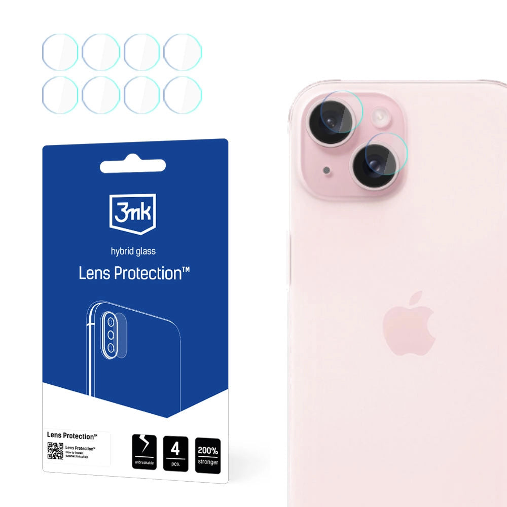 Skyddsfilm för bakre kamera 3MK Protection för Apple iPhone 15, Flexibelt glas, Set med 4 stycken, Transparent