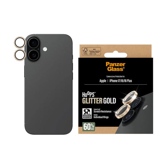 Skyddsfilm för bakre kameran PanzerGlass Hoops Glitter för Apple iPhone 17 / 16 Plus / 16, Härdat glas, Guld