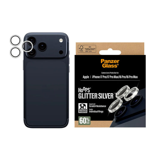 Skyddsfilm för bakre kamera PanzerGlass Hoops Glitter för Apple iPhone 17 Pro Max / 17 Pro / 16 Pro Max / 16 Pro, Härdat glas, Silver