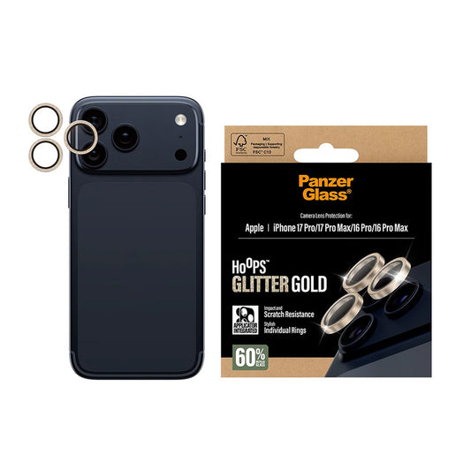 Skyddsfilm för bakre kameran PanzerGlass Hoops Glitter för Apple iPhone 17 Pro Max / 17 Pro / 16 Pro Max / 16 Pro, Härdat glas, Guld