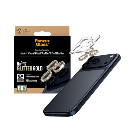 Skyddsfilm för bakre kameran PanzerGlass Hoops Glitter för Apple iPhone 17 Pro Max / 17 Pro / 16 Pro Max / 16 Pro, Härdat glas, Guld