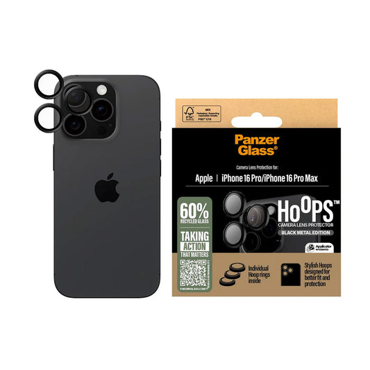 Skyddsfilm för bakre kamera PanzerGlass Hoops för Apple iPhone 16 Pro Max / 16 Pro, Härdat glas, Svart