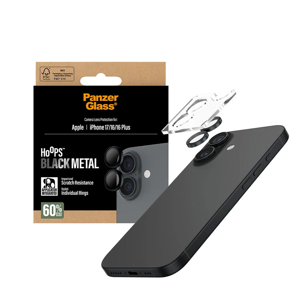 Skyddsfilm för bakre kameran PanzerGlass Hoops för Apple iPhone 17 / 16 Plus / 16, Härdat glas, Svart