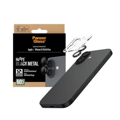 Skyddsfilm för bakre kameran PanzerGlass Hoops för Apple iPhone 17 / 16 Plus / 16, Härdat glas, Svart