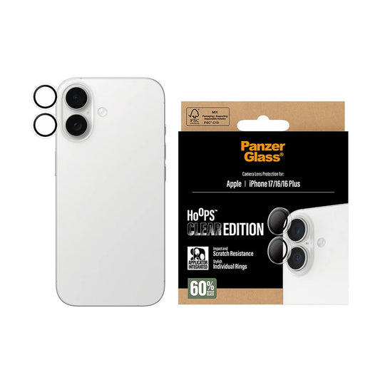 Skyddsfilm för bakre kamera PanzerGlass Hoops för Apple iPhone 17 / 16 Plus / 16, Härdat glas, Transparent