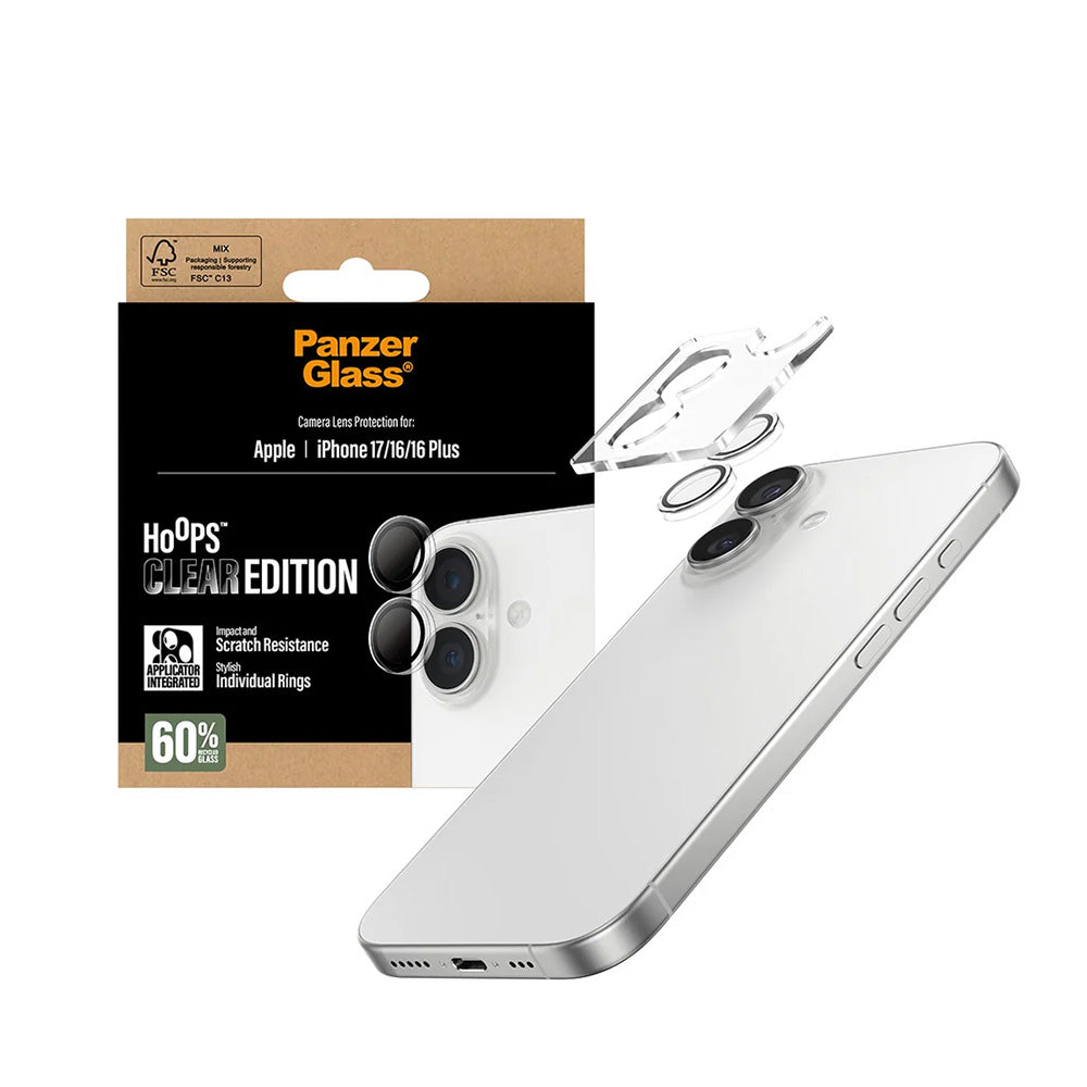 Skyddsfilm för bakre kamera PanzerGlass Hoops för Apple iPhone 17 / 16 Plus / 16, Härdat glas, Transparent