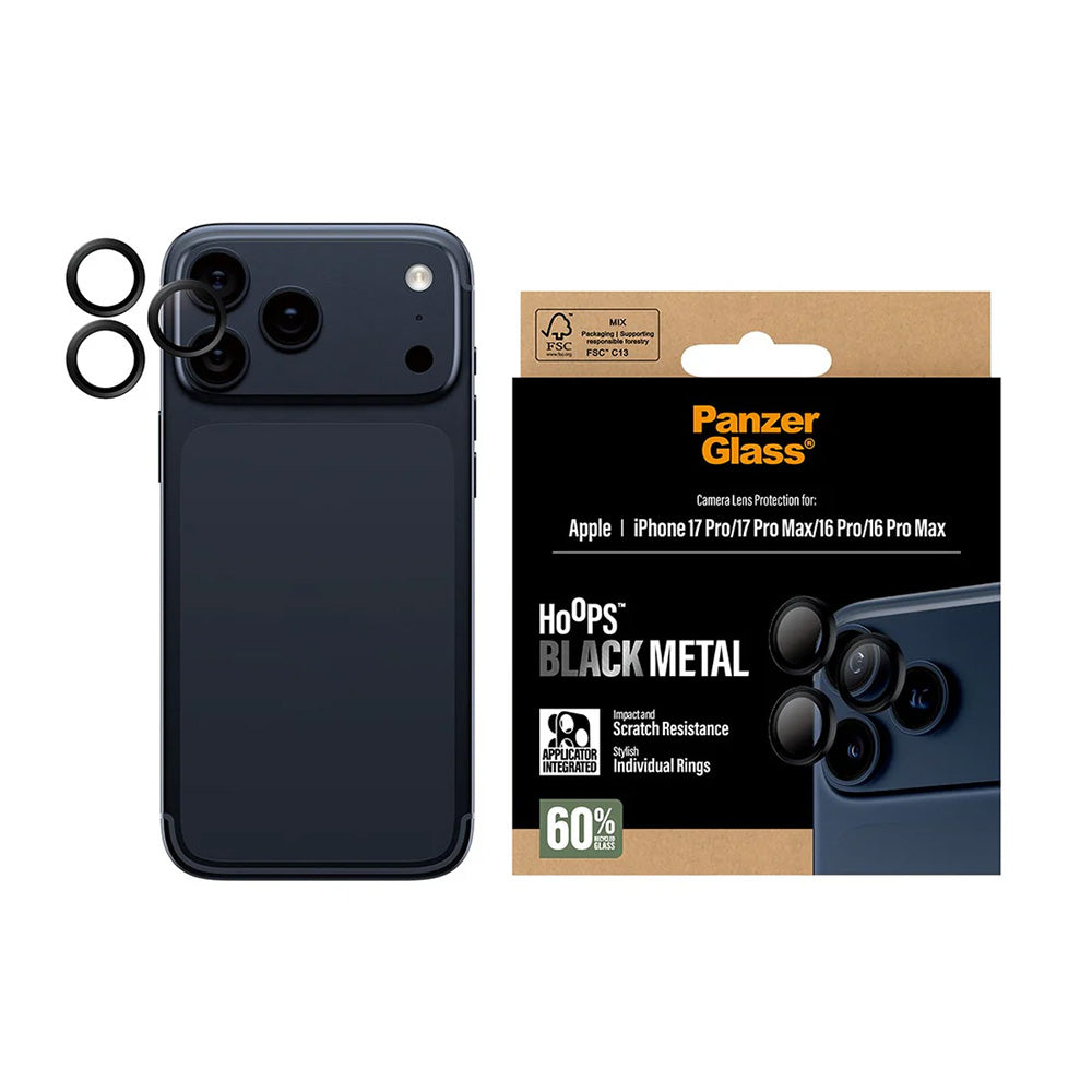 Skyddsfilm för bakre kamera PanzerGlass Hoops för Apple iPhone 17 Pro Max / 17 Pro / 16 Pro Max / 16 Pro, Härdat glas, Svart