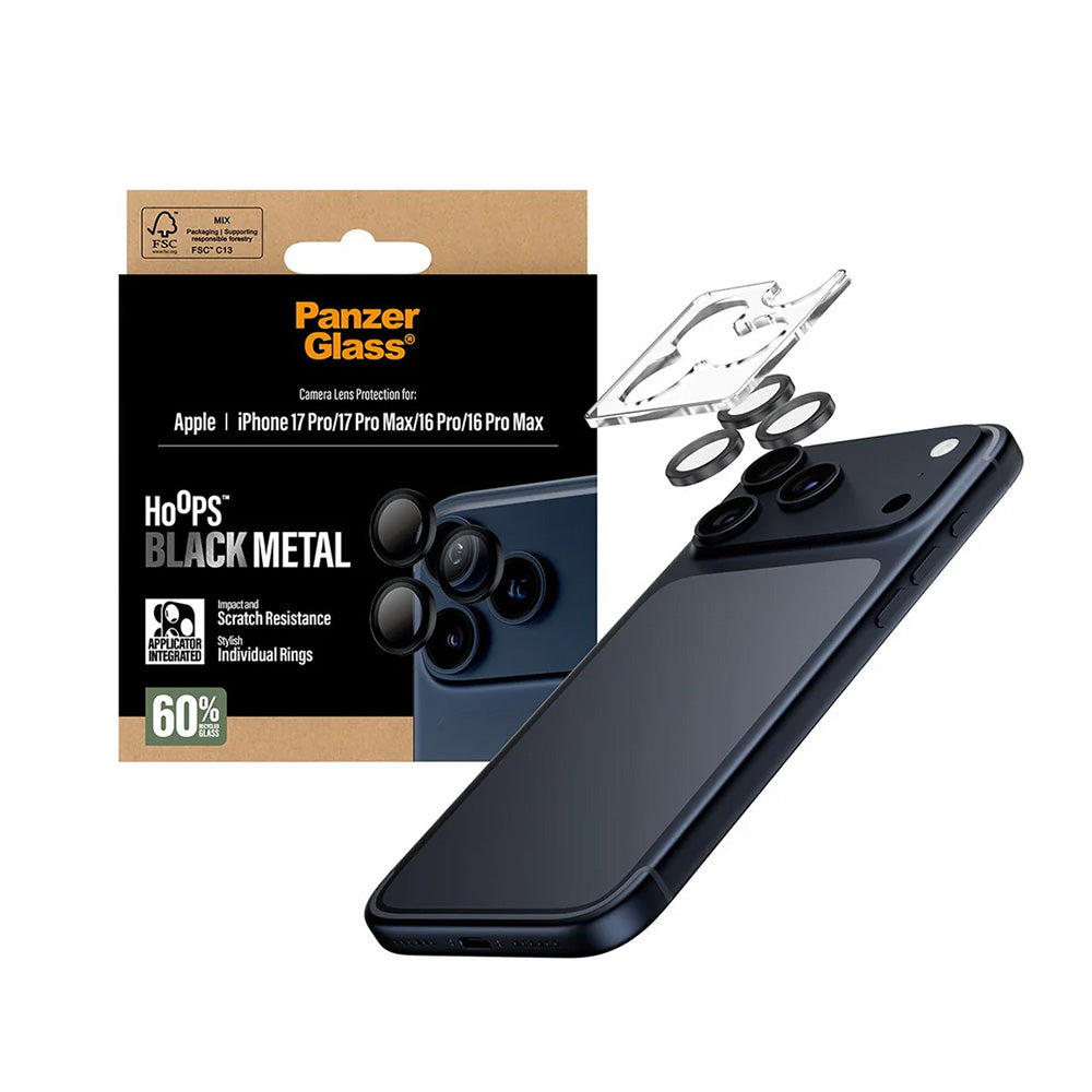 Skyddsfilm för bakre kamera PanzerGlass Hoops för Apple iPhone 17 Pro Max / 17 Pro / 16 Pro Max / 16 Pro, Härdat glas, Svart