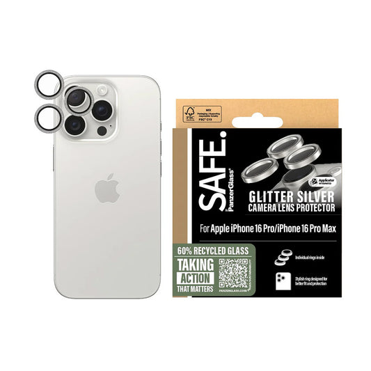 Skyddsfilm för bakre kamera PanzerGlass Safe. Glitter för Apple iPhone 16 Pro Max / 16 Pro, Härdat glas, Silver