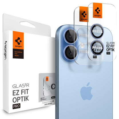 Skyddsfodral för bakre kamera Spigen GlastR EZ FIT Optik Pro för Apple iPhone 17 / 16 Plus / 16, härdat glas, set om 2 stycken, blå