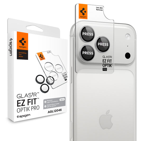 Skyddande bakre kameralinsfilm Spigen GlastR EZ FIT Optik Pro för Apple iPhone 18 Pro / 18 Pro Max, härdat glas, set om 2 stycken, silver AGL12046