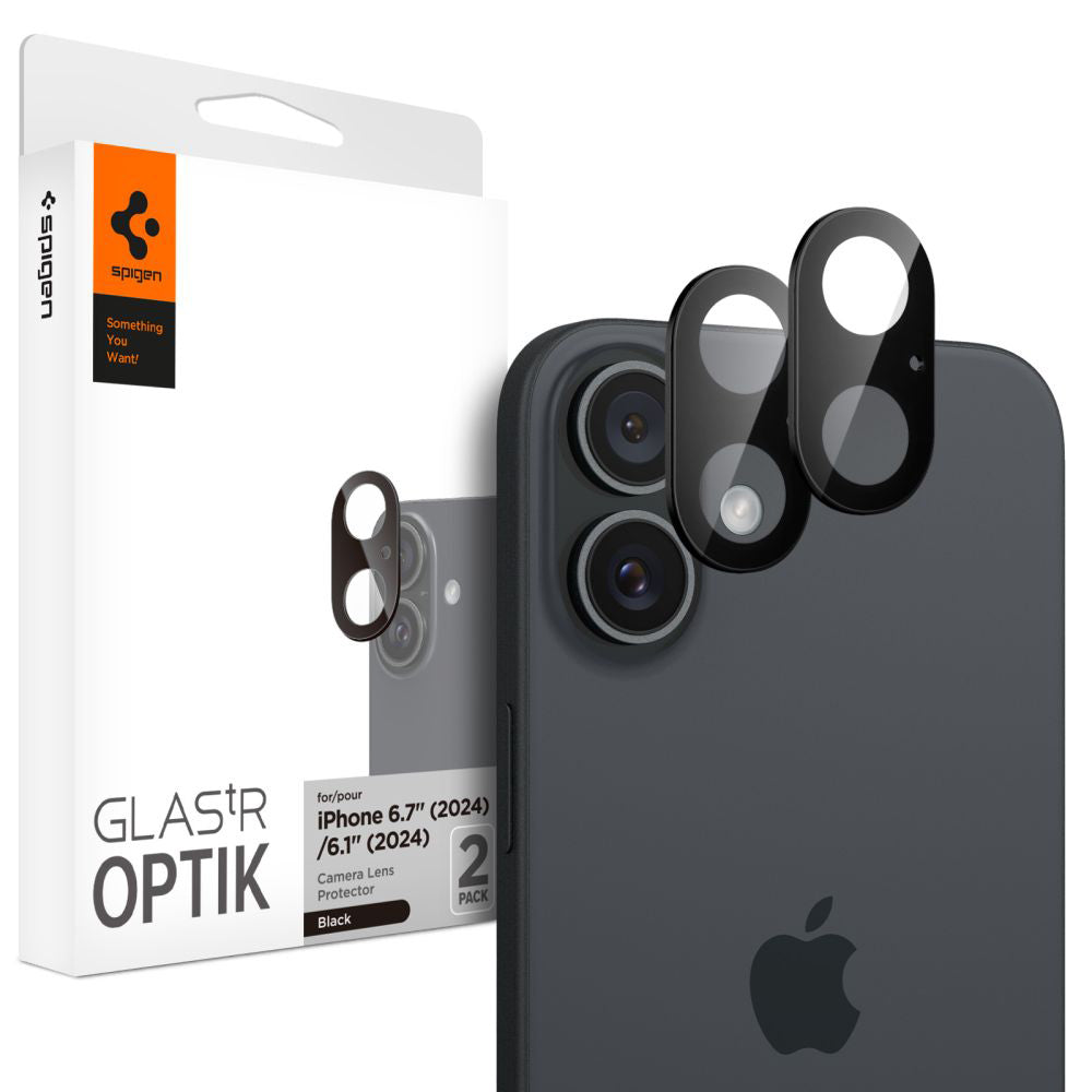 Skyddsfilm för bakre kameran Spigen GlastR Optik för Apple iPhone 16 Plus / 16, Härdat glas, Set med 2 stycken, Svart AGL07922