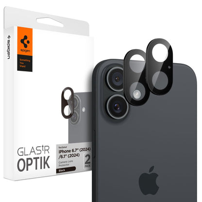 Skyddsfilm för bakre kameran Spigen GlastR Optik för Apple iPhone 16 Plus / 16, Härdat glas, Set med 2 stycken, Svart AGL07922