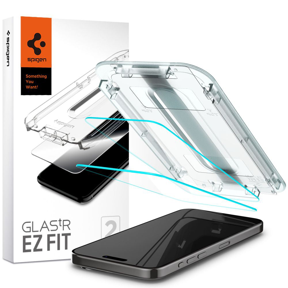 Skärmskydd Spigen GlastR EZ FIT för Apple iPhone 15 Pro, Härdat Glas, Fullt Lim, Set med 2 stycken AGL06892