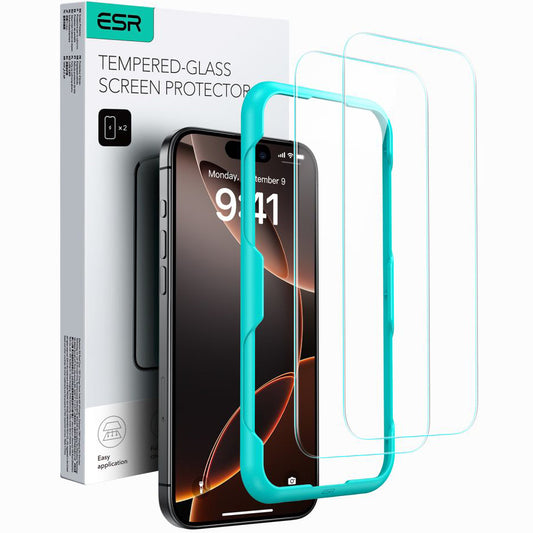 Skärmskydd ESR för Apple iPhone 16 / 15, Härdat Glas, Full Lim, Set med 2 stycken, Svart