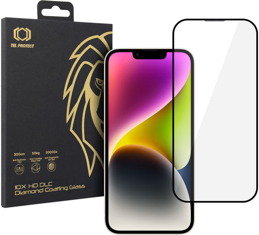 Tel Protect 10X HD DLC Diamond Coating skärmskydd för Apple iPhone 17e / 16e / 14 / 13 Pro / 13, härdat glas, helklistrat, svart