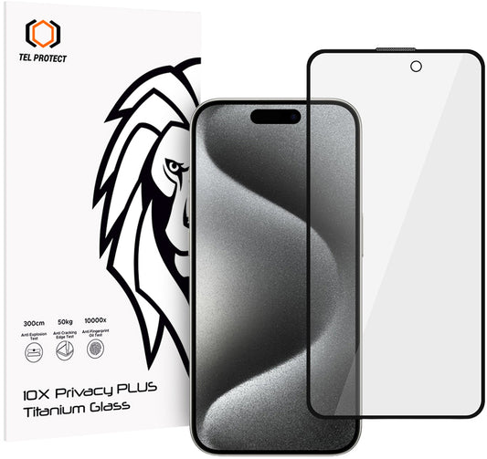 Tel Protect 10X Plus Titanium integritetsskyddande skärmskydd för Apple iPhone 17 / 16 Pro, härdat glas, helhäftande
