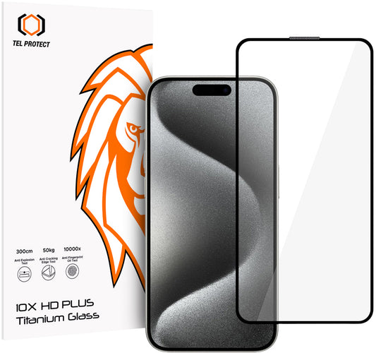 Tel Protect 10X HD Plus Titanium skärmskydd för Apple iPhone 17 / 16 Pro, härdat glas, helklistrat, svart