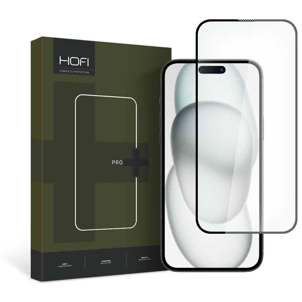 Skärmskydd HOFI PRO+ för Apple iPhone 15, Härdat Glas, Fullt Lim, 2.5D, Svart