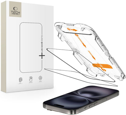 Tech-Protect Quick Set+ Screen Protector for Apple iPhone 16 / 15, Tempered Glass, Full Glue, Set of 2 Pieces, Black