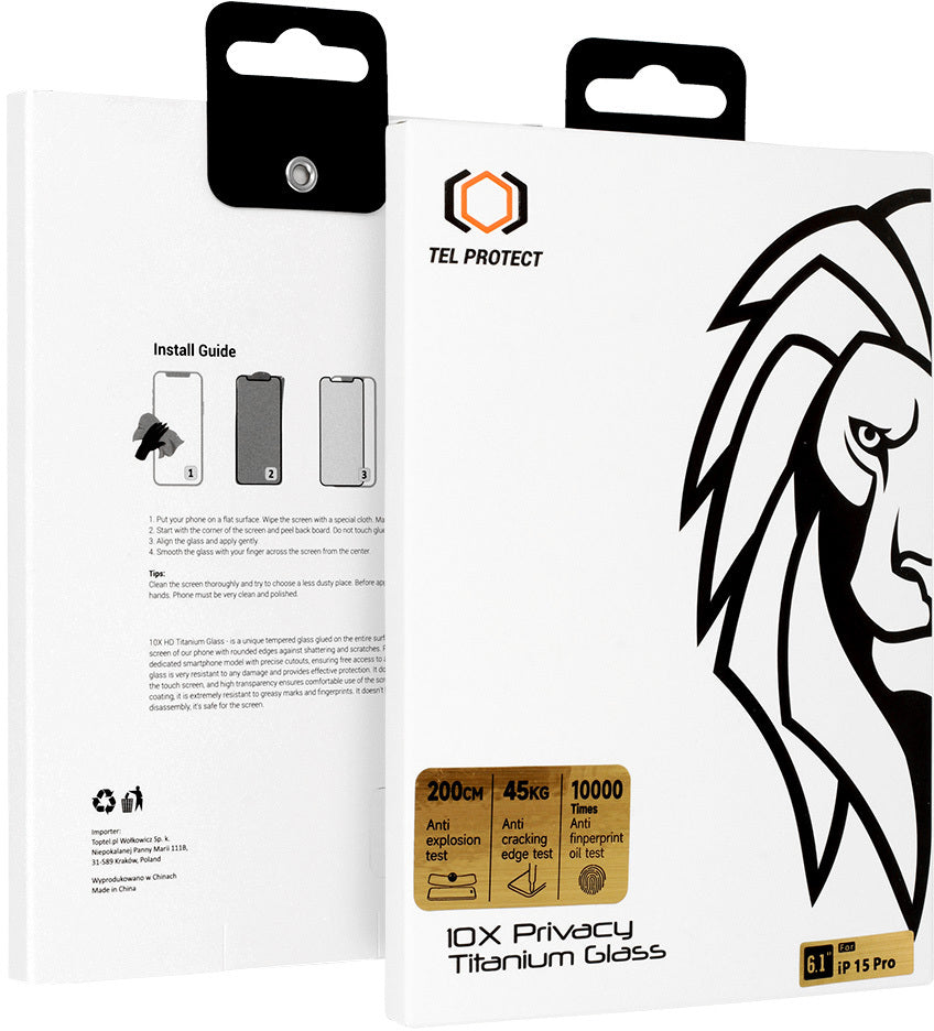 Sekretesskyddande skärmskydd Tel Protect 10X Plus Titanium för Apple iPhone 17 Pro Max, härdat glas, helhäftande