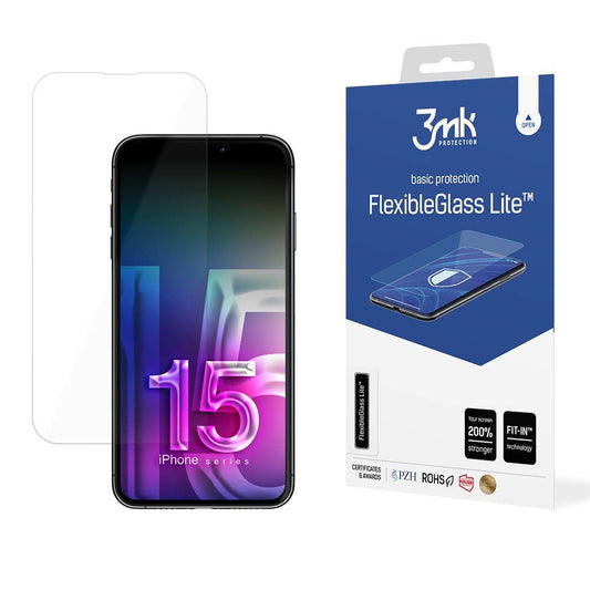 Skärmskydd 3MK FlexibleGlass Lite för Apple iPhone 15, Flexibelt Glas, Fullt Lim