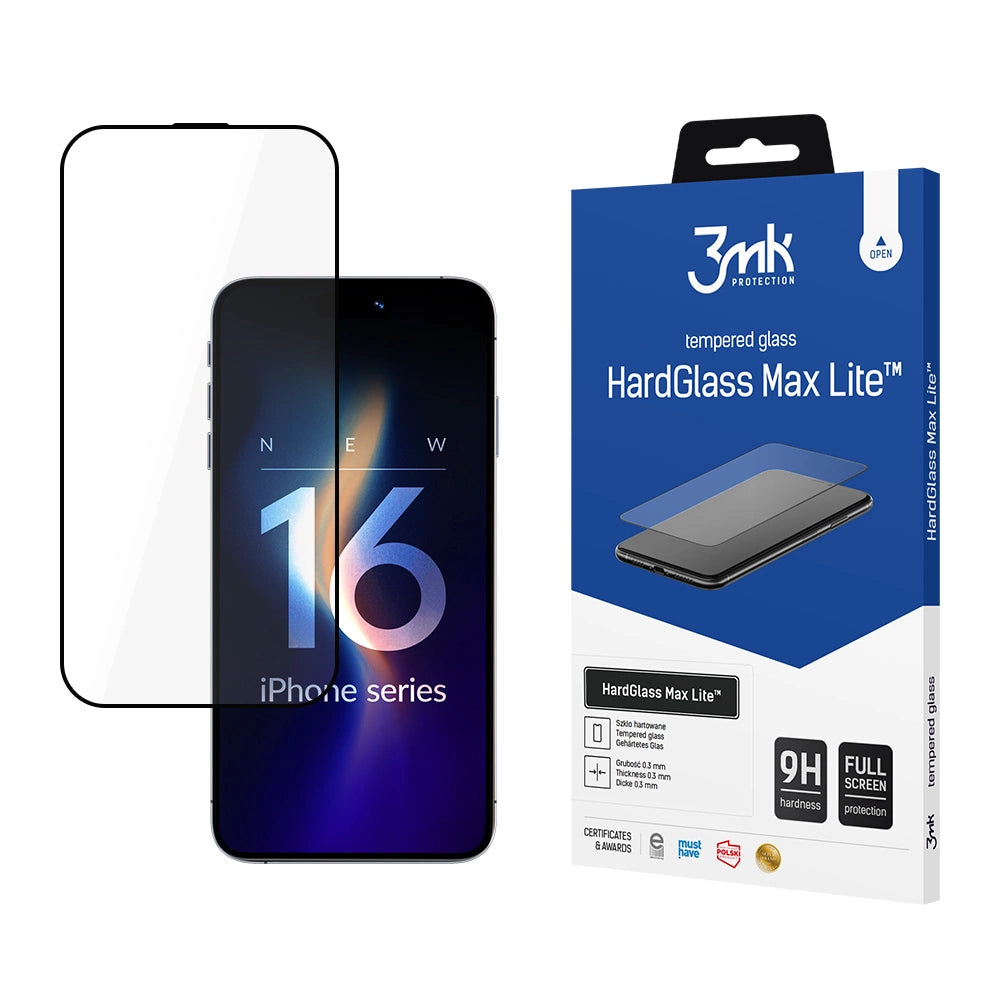 Skärmskydd 3MK HardGlass Max Lite för Apple iPhone 17 / 16 Pro, Härdat Glas, Full Glue, Svart