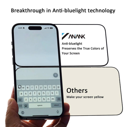 Skärmskydd Anti Blue Light Anank 3X Förstärkt för Apple iPhone 16 Pro, Härdat Glas, Fullt Lim, 2.5D, Svart