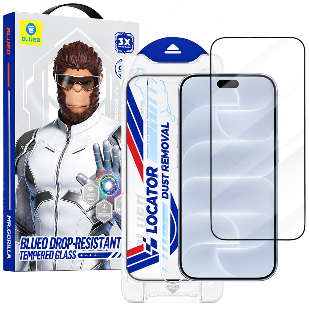 Blueo Drop Resistant Applicator Pro skärmskydd för Apple iPhone 18 Pro / 17 Pro / 17 / 16 Pro, härdat glas, helklistrat, svart