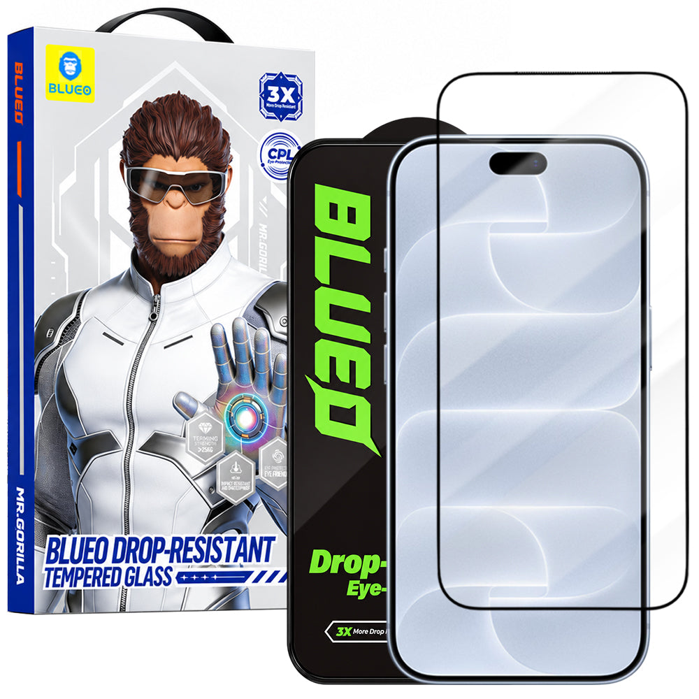 Blueo Drop Resistant skärmskydd för Apple iPhone 18 Pro / 17 Pro / 17 / 16 Pro, härdat glas, helklistrat, svart