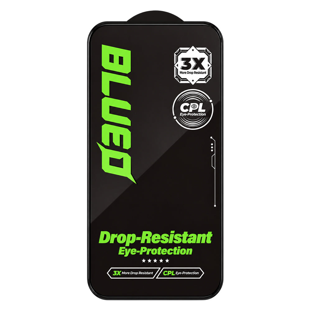 Blueo Drop Resistant skärmskydd för Apple iPhone 18 Pro / 17 Pro / 17 / 16 Pro, härdat glas, helklistrat, svart
