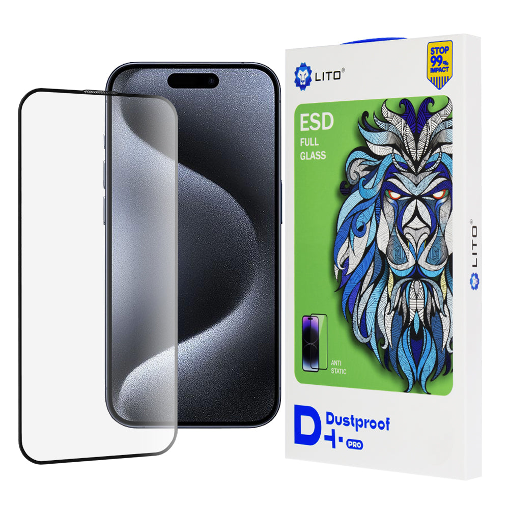 Skärmskydd Lito D+ Pro Dustproof för Apple iPhone 15 Pro, Härdat glas, Full lim, Svart
