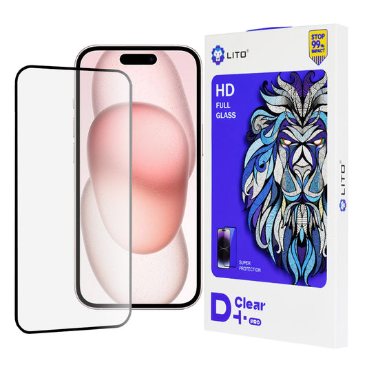 Skärmskydd Lito D+ Pro för Apple iPhone 15, Härdat Glas, Fullt Lim, Svart