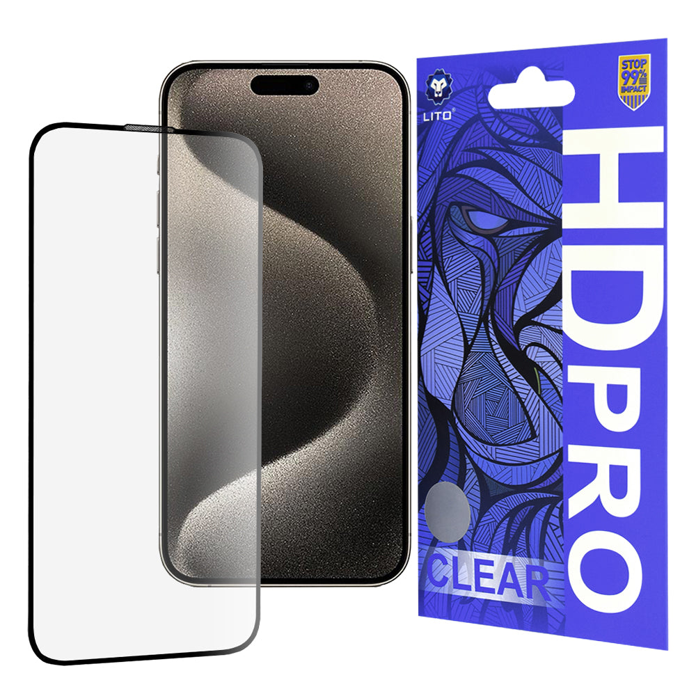 Lito HD Pro Clear skärmskydd för Apple iPhone 15 Pro Max, härdat glas, full lim, svart