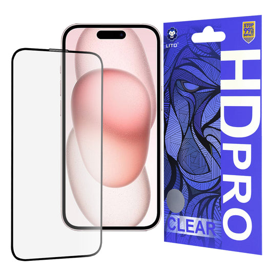 Lito HD Pro Clear skärmskydd för Apple iPhone 15, härdat glas, full lim, svart