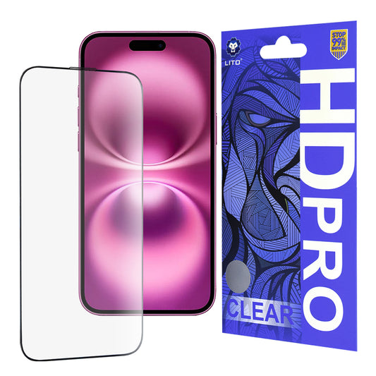 Lito HD Pro Clear skärmskydd för Apple iPhone 16 Plus, härdat glas, full limning, svart
