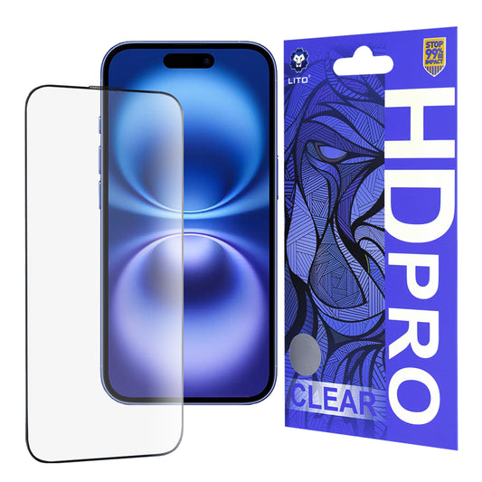 Lito HD Pro Clear skärmskydd för Apple iPhone 16, härdat glas, full lim, svart