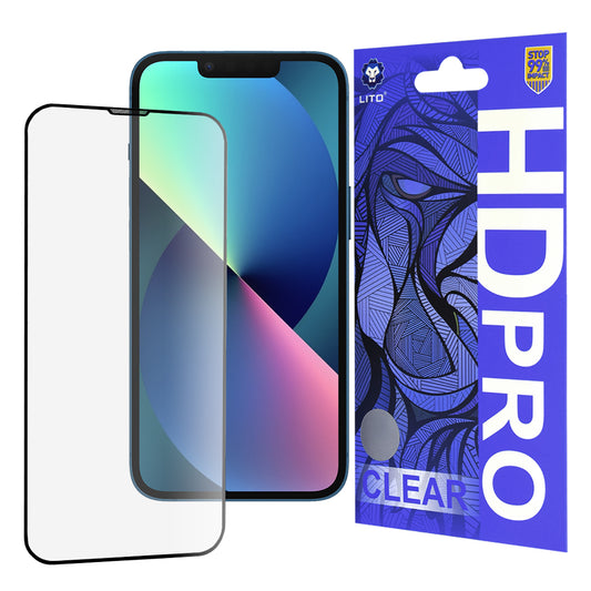 Lito HD Pro Clear skärmskydd för Apple iPhone 17e / 16e / 14 / 13 Pro, härdat glas, full lim, svart