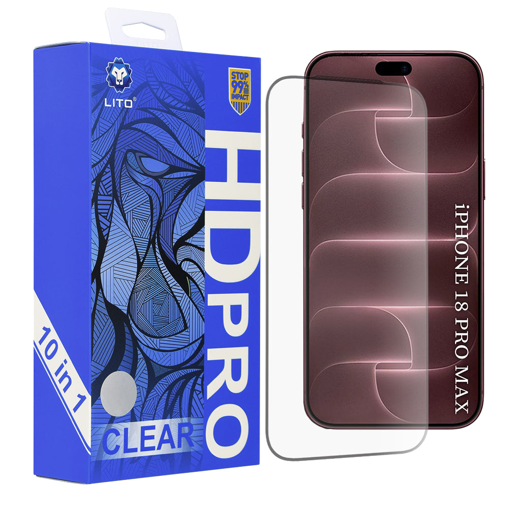 Lito HD Pro skärmskydd för Apple iPhone 18 Pro Max / 17 Pro Max, härdat glas, heltäckande lim, 10-pack, svart