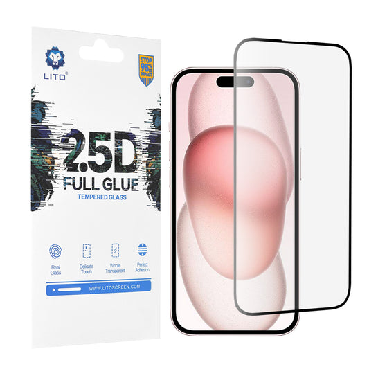 Lito skärmskydd för Apple iPhone 15, härdat glas, full lim, 2.5D, svart