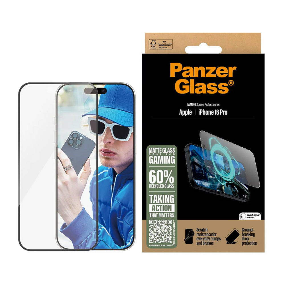 Skärmskydd Matte PanzerGlass Ultra-Wide Fit Gaming för Apple iPhone 16 Pro, Härdat Glas, Full Lim, Svart