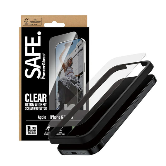 Skärmskydd PanzerGlass Safe. Ultra-Wide Fit EasyAligner för Apple iPhone 17 / 16 Pro, Härdat Glas, Full Glue