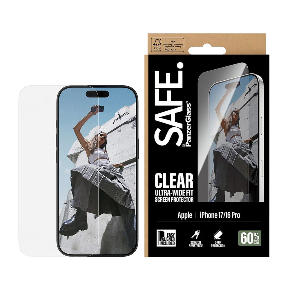 Skärmskydd PanzerGlass Safe. Ultra-Wide Fit EasyAligner för Apple iPhone 17 / 16 Pro, Härdat Glas, Full Glue