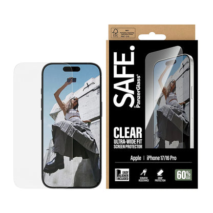 Skärmskydd PanzerGlass Safe. Ultra-Wide Fit EasyAligner för Apple iPhone 17 / 16 Pro, Härdat Glas, Full Glue